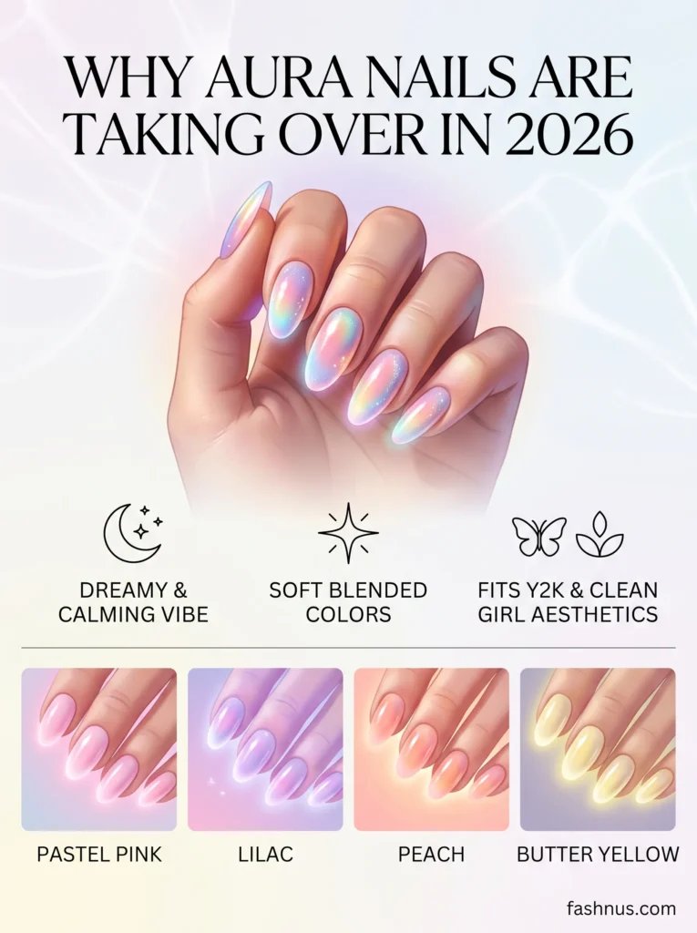 Pinterest infographic from fashnus.com titled Why Aura Nails Are Taking Over in 2026, featuring illustrated iridescent almond nails with holographic shimmer and four colour swatches - pastel pink, lilac, peach, and butter yellow - with callouts for dreamy calming vibe, soft blended colours, and Y2K clean girl aesthetics.