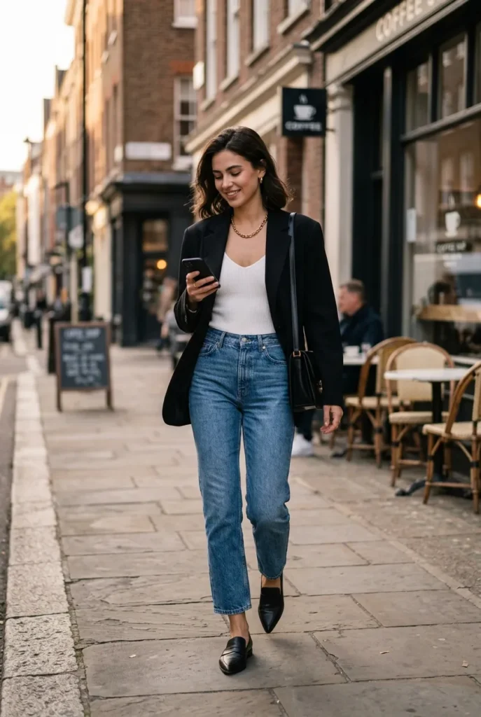 A woman checks her phone on a chic city sidewalk, wearing an oversized black blazer, ribbed white bodysuit, and straight-leg blue jeans