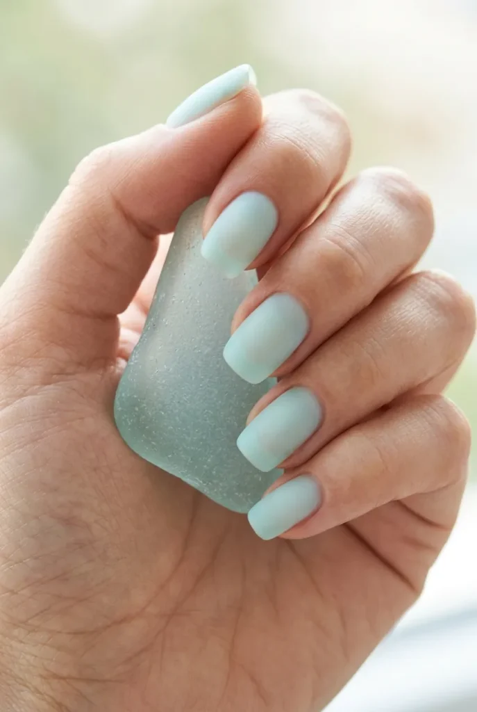 A detailed view of a hand with semi-translucent pastel aqua nails featuring a matte, frosted finish, holding a clear sea glass shard.