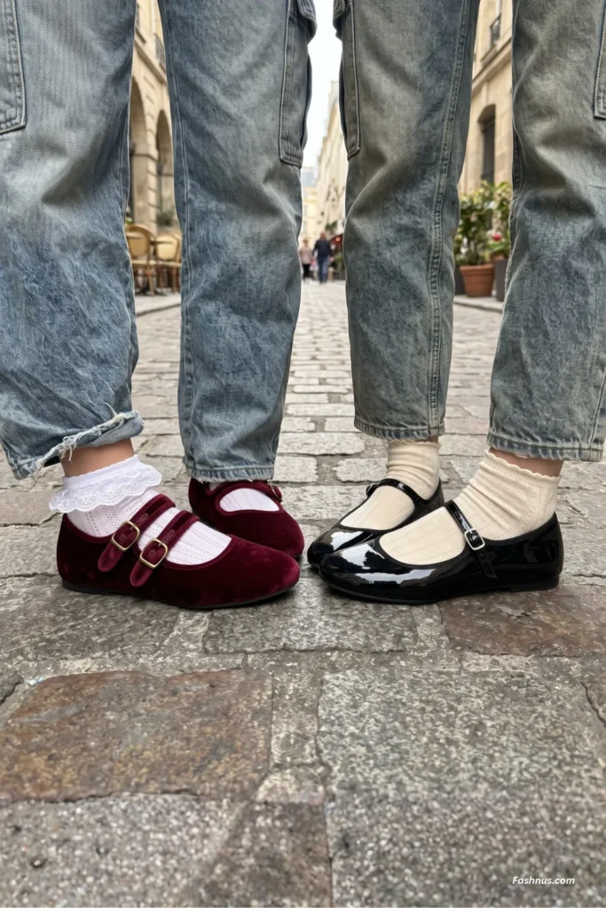 Two young women standing on cobblestones wearing Mary Jane flats; one pair is dark red velvet with double straps, and the other is shiny black patent leather.