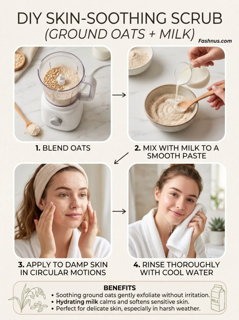 Four-step DIY infographic for a skin-soothing scrub using ground oats and milk.