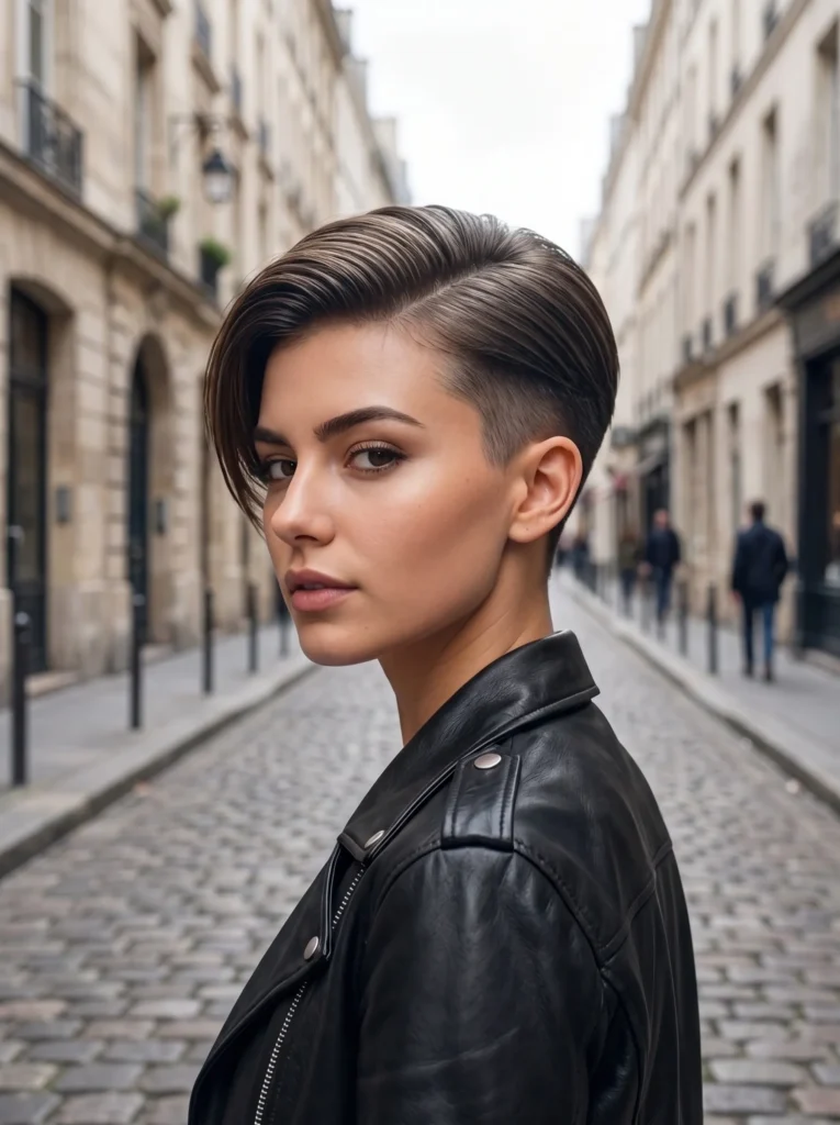 A young woman with a sleek dark undercut boy cut featuring shaved sides and a smooth swept-over top, wearing a black leather jacket, photographed on a cobblestone Parisian street - undercut boy cut bold short hairstyle for girls from fashnus.com.