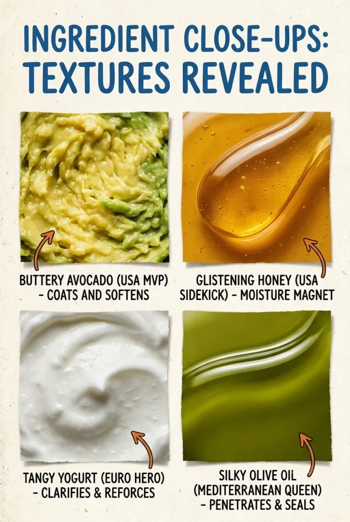 A high-resolution, vertical macro photo-grid (2:3 aspect ratio) presenting four square close-ups of natural hair mask ingredients on textured, recycled paper (matching image_0.png). Top left: Butter-yellow mashed avocado labeled "BUTTERY AVOCADO (USA MVP) - COATS AND SOFTENS." Top right: Deep golden, glistening honey labeled "GLISTENING HONEY (USA SIDEKICK) - MOISTURE MAGNET." Bottom left: Dense, creamy white yogurt labeled "TANGY YOGURT (EURO HERO) - CLARIFIES & REINFORCES." Bottom right: Silky, fluid olive oil labeled "SILKY OLIVE OIL (MEDITERRANEAN QUEEN) - PENETRATES & SEALS." Each square has an arrow pointing to its unique nutrient. The overall title is "INGREDIENT CLOSE-UPS: TEXTURES REVEALED."