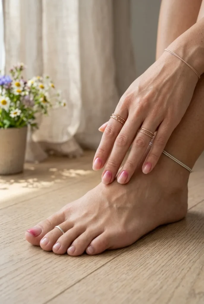 A vertical close-up photograph of a woman's hand and matching foot, where all nails have a sheer nude base with soft raspberry pink pigment concentrated only at the cuticle of each finger and the big toe.