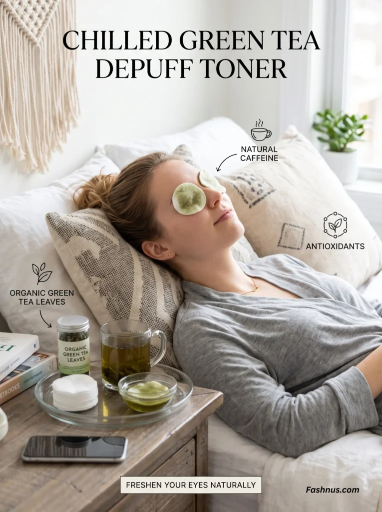 A woman relaxing in bed with chilled green tea-soaked cotton pads on her eyes to reduce puffiness.
