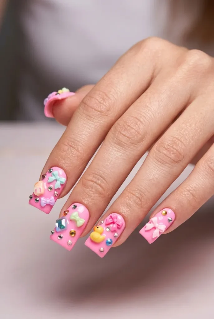 A hand displaying wide, flared 'duck' shape nails painted bright pink and heavily decorated with multi-colored 3D charms and rhinestones.