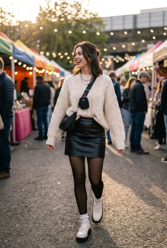 A young woman laughs playfully while walking through a lively market, wearing a black leather mini skirt and a cozy, oversized cream cable-knit sweater.