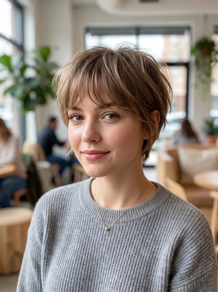 A young woman with a soft wispy boy cut featuring feathered bangs and light layered texture, wearing a grey ribbed sweater and delicate gold necklace, photographed in a bright café setting - wispy boy cut soft feminine short hairstyle from fashnus.com.