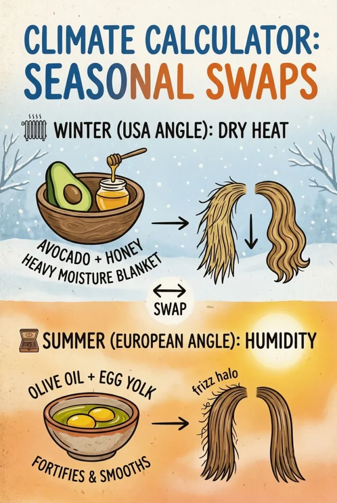 A vertical infographic titled "CLIMATE CALCULATOR: SEASONAL SWAPS," rendered on textured, recycled paper. The top section, labeled "WINTER (USA ANGLE): DRY HEAT," shows a snowy background with a radiator icon. A bowl holds avocado and honey, labeled "AVOCADO + HONEY: HEAVY MOISTURE BLANKET." An arrow points to straw-like hair transforming into soft waves. The bottom section, labeled "SUMMER (EUROPEAN ANGLE): HUMIDITY," features a warm, hazy orange background with a sun icon. A bowl holds egg yolk and olive oil, labeled "OLIVE OIL + EGG YOLK: FORTIFIES & SMOOTHS." An arrow points to frizzy hair becoming sleek. A central 'SWAP' icon connects the two zones.