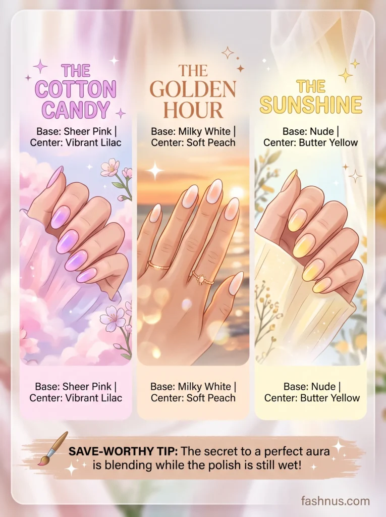 Illustrated Pinterest infographic from fashnus.com showing three save-worthy aura nail colour combinations - The Cotton Candy with sheer pink and lilac, The Golden Hour with milky white and soft peach, and The Sunshine with nude and butter yellow - with a save-worthy tip about blending while polish is wet.