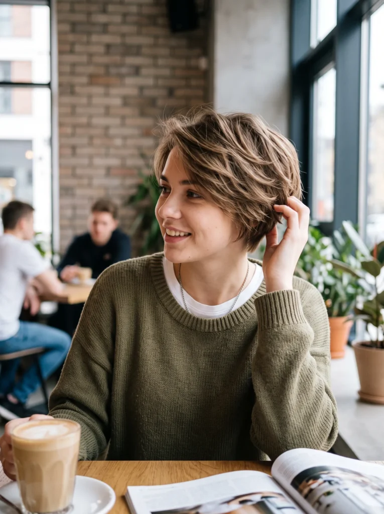 A smiling young woman with a tousled layered boy cut with soft movement and natural texture, wearing an olive green knit sweater, holding a latte in a brick-wall café - layered boy cut short hairstyle for girls from fashnus.com.