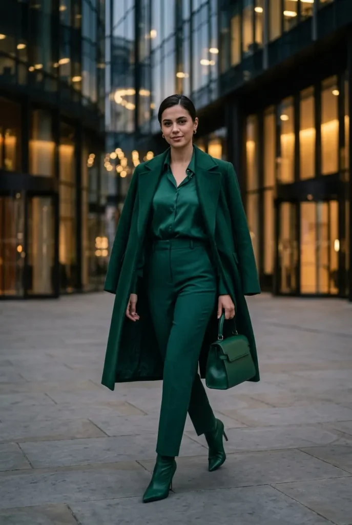 A confident woman in a monochrome emerald green outfit (coat, top, trousers, bag, boots) walks confidently on a sophisticated city street.