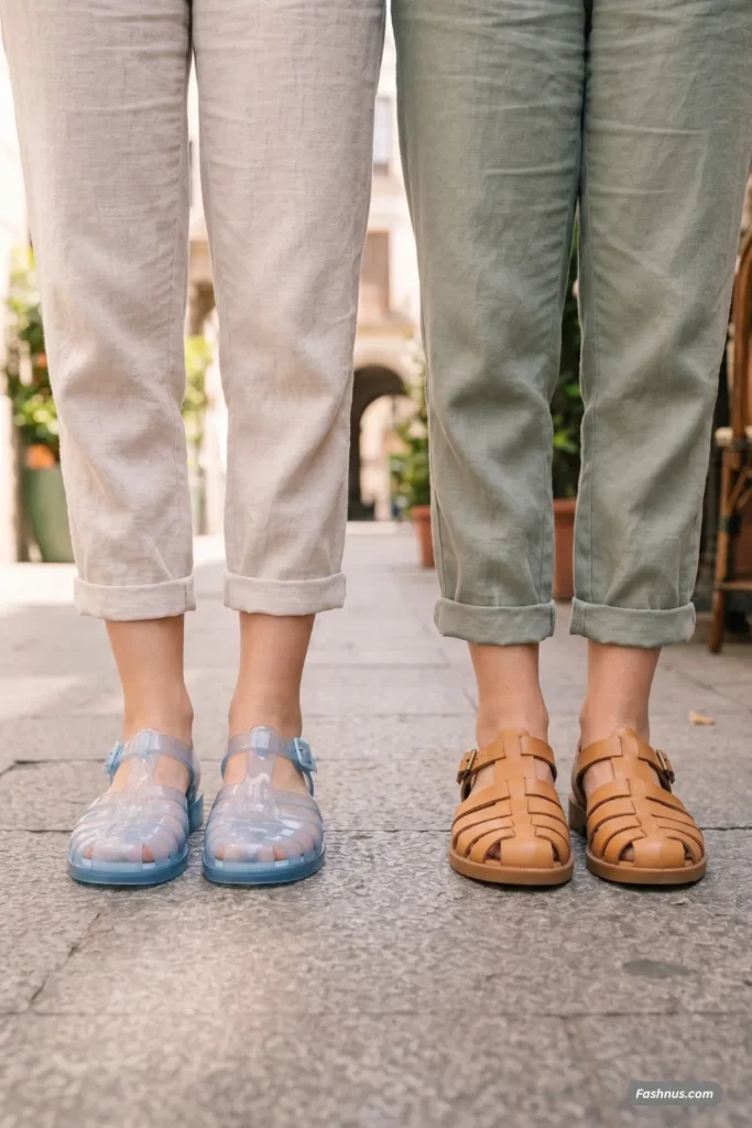 Two pairs of feet on a sidewalk: one wearing clear blue PVC jelly fisherman sandals and the other wearing classic brown leather fisherman sandals.