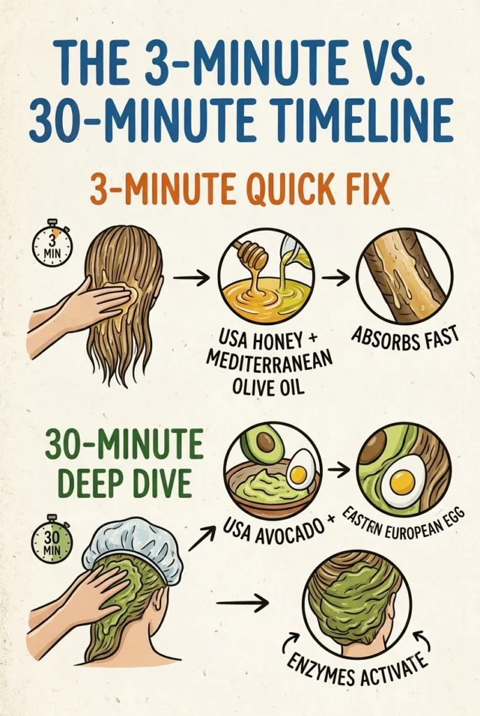 A vertical infographic titled "THE 3-MINUTE VS. 30-MINUTE TIMELINE" on textured, recycled paper. The top section, labeled "3-MINUTE QUICK FIX" (Orange), features a clock icon at 3 mins. It shows a hand applying a golden mixture, with two circular insets: one of "USA HONEY + MEDITERRANEAN OLIVE OIL" being mixed, and another showing the mixture labeled "ABSORBS FAST." The bottom section, labeled "30-MINUTE DEEP DIVE" (Green), features a clock icon at 30 mins. It shows a hand applying a dense green mixture, with two insets: one of "USA AVOCADO + EASTERN EUROPEAN EGG" being mixed, and another showing the thick mask labeled "ENZYMES ACTIVATE." The background is textured like the previous images.