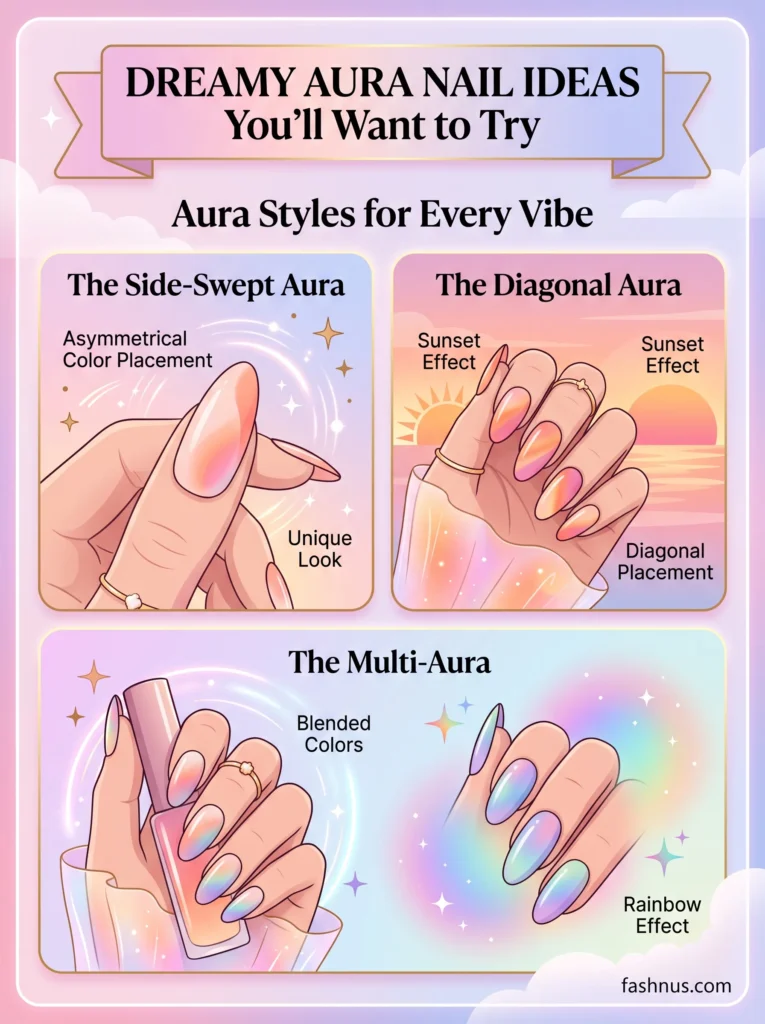 Illustrated infographic from fashnus.com titled Dreamy Aura Nail Ideas You'll Want to Try - Aura Styles for Every Vibe, showing three aura nail styles: The Side-Swept Aura with asymmetrical colour placement, The Diagonal Aura with sunset effect, and The Multi-Aura with blended rainbow colours - against a pastel purple cloud background.