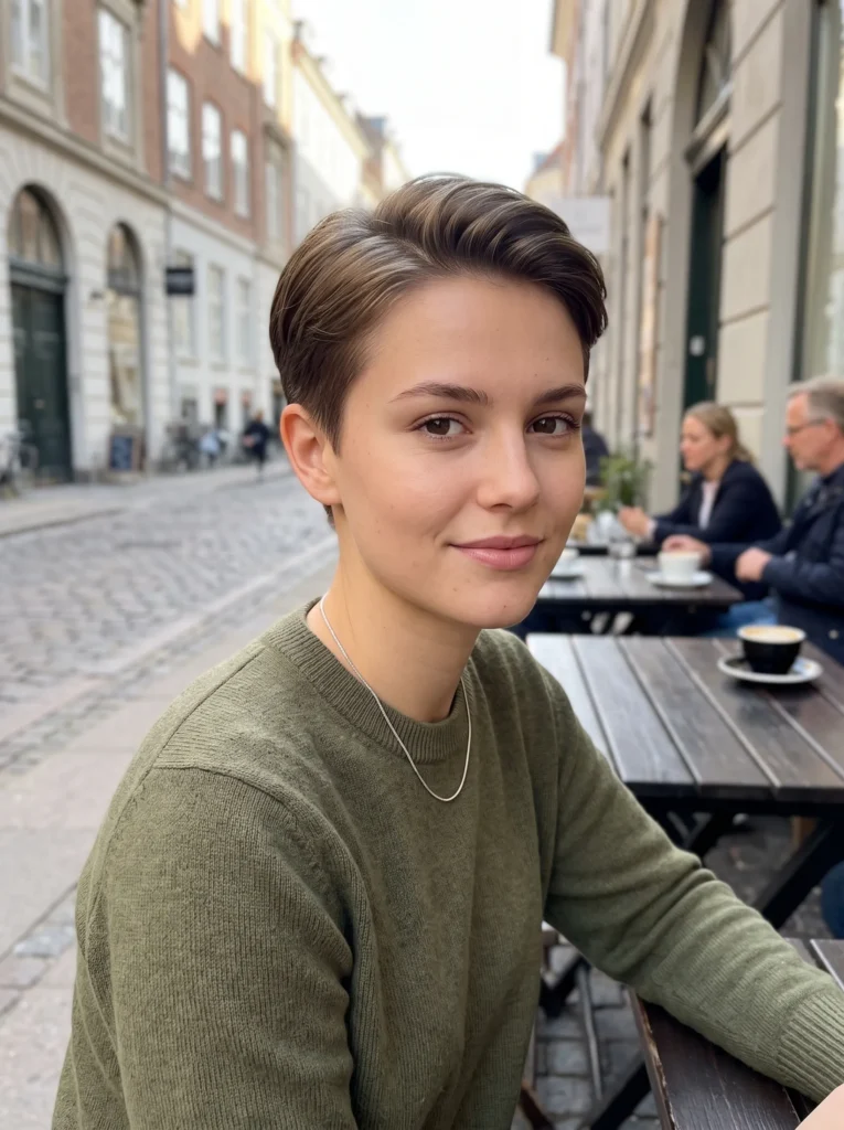 A young woman with a clean classic boy cut featuring smooth dark brown hair neatly tapered at the sides, wearing a sage green sweater and silver necklace, seated at a cobblestone European street café, classic boy cut timeless short hairstyle from fashnus.com.