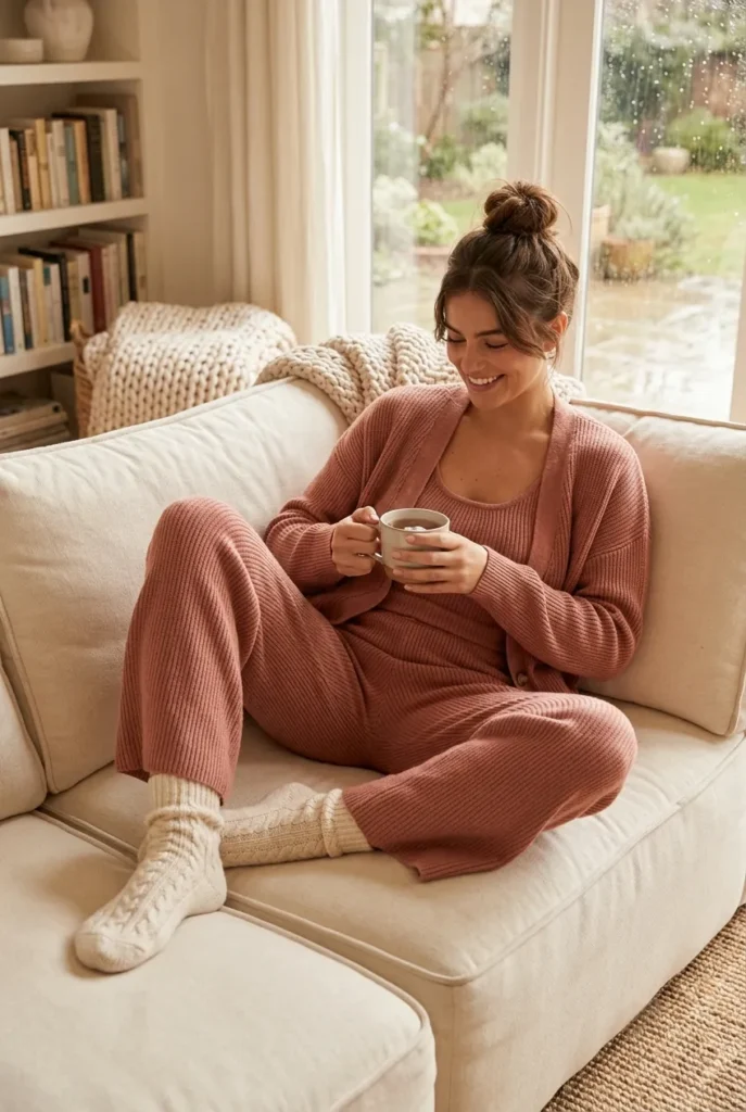 : A woman in a matching dusty rose ribbed knit lounge set smiles and holds a mug of tea while relaxing on a large, cozy sofa.