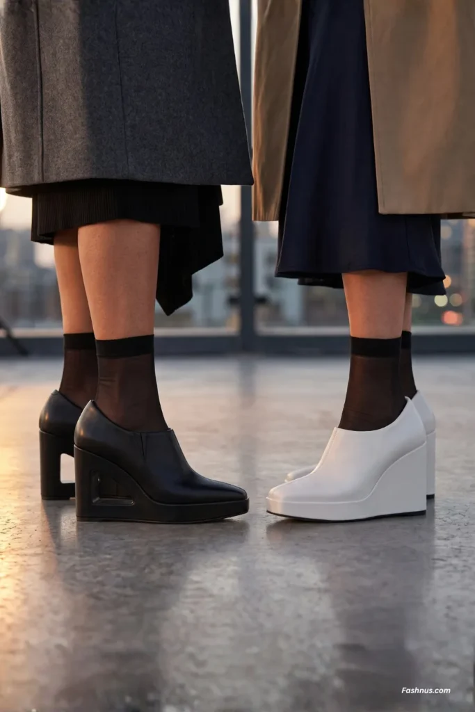 Side-by-side view of modern wedge shoes: a black leather shoe with a hollowed geometric cutout heel and a solid minimalist white leather wedge shoe.