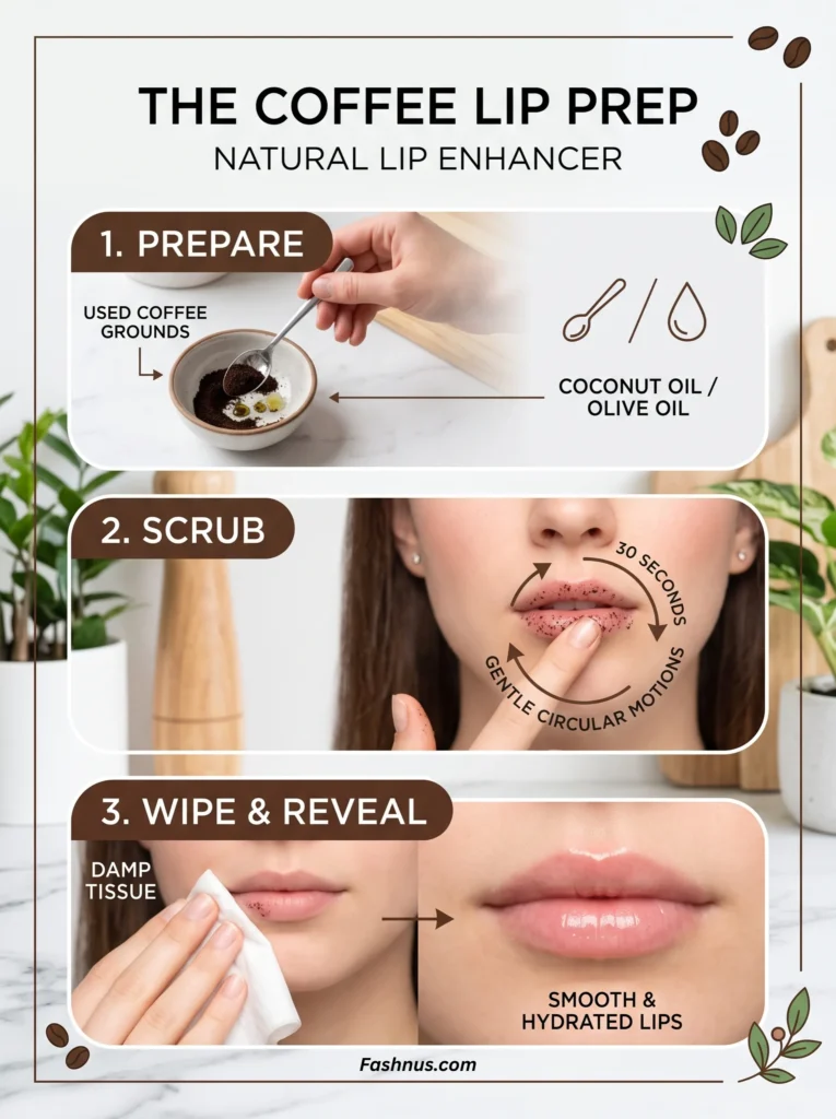 Three-step infographic demonstrating a natural coffee lip scrub for smoother lips.