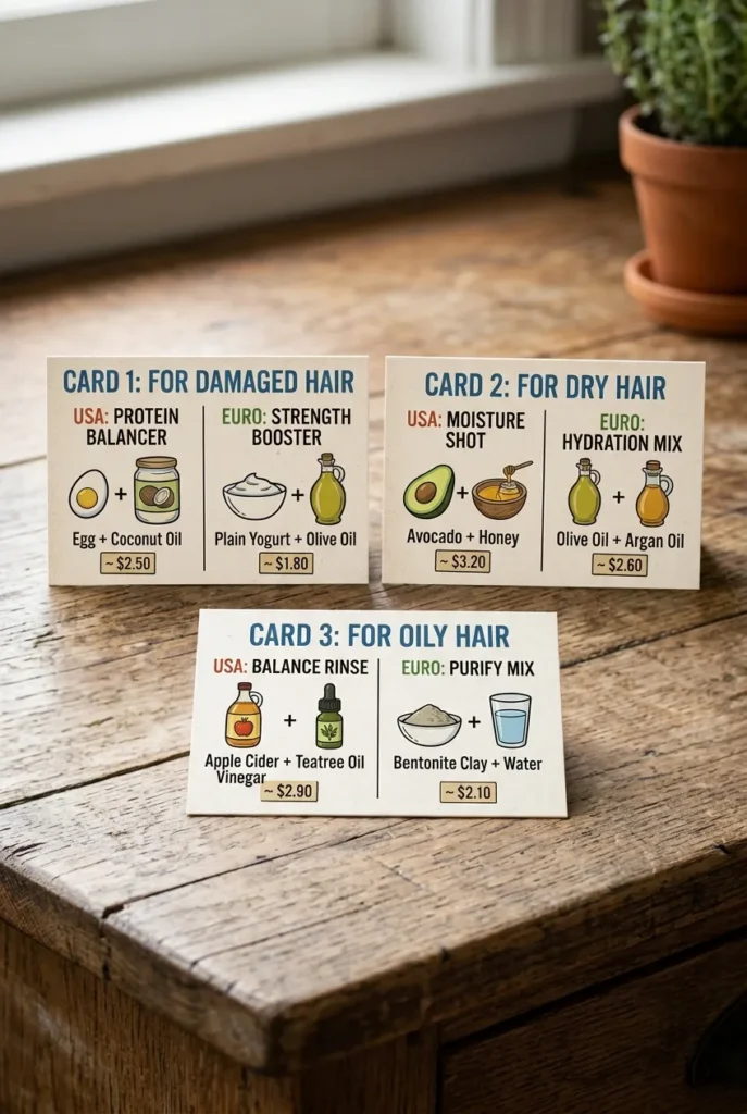 A clean, natural-light photograph of three illustrated recipe cards printed on textured, off-white cardstock, arranged in a precise horizontal row on a rustic wooden counter. The fanned deck structure from the previous image is gone; each card is distinct and fully legible. From left to right: Card 1 (left) is for Damaged Hair, detailing the USA 'Protein Balancer' (Egg + Coconut Oil illustration, ~$2.50) and Euro 'Strength Booster' (Plain Yogurt + Olive Oil illustration, ~$1.80). Card 2 (middle) is for Dry Hair, detailing the USA 'Moisture Shot' (Avocado + Honey illustration, ~$3.20) and Euro 'Hydration Mix' (Olive Oil + Argan Oil illustration, ~$2.60). Card 3 (right) is for Oily Hair, detailing the USA 'Balance Rinse' (Apple Cider Vinegar + Tea Tree Oil illustration, ~$2.90) and Euro 'Purify Mix' (Bentonite Clay + Water illustration, ~$2.10). The cards feature blue and black text with clean, simple colored illustrations against a textured paper background, set on a rustic wood surface.