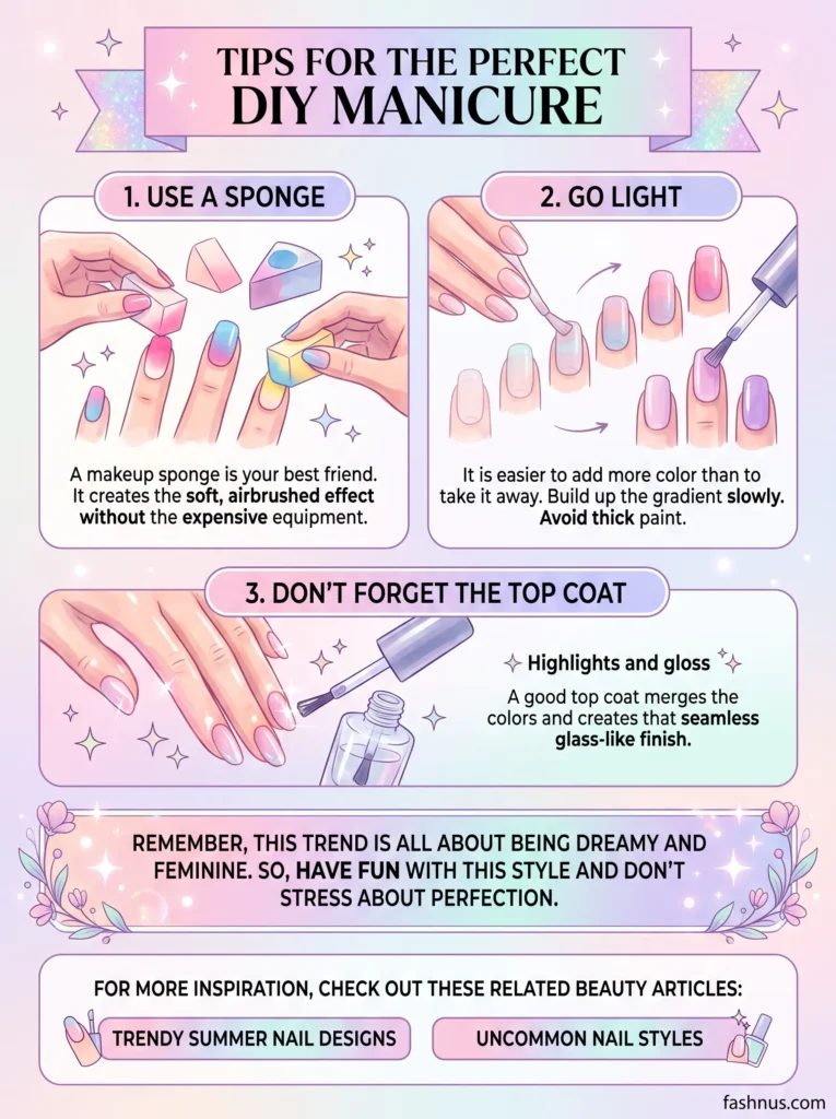 DIY manicure tips infographic from fashnus.com titled Tips for the Perfect DIY Manicure, showing three illustrated steps - using a makeup sponge for airbrushed effect, building gradient slowly with light layers, and applying glossy top coat for glass-like finish - with encouragement to have fun with the dreamy feminine aura nail trend.