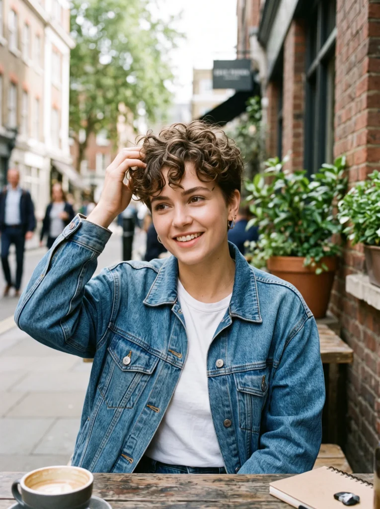 A smiling young woman with a short curly boy cut featuring natural bouncy brown curls, wearing a denim jacket and white tee, seated at an outdoor London street café, curly boy cut natural texture short hairstyle for girls from fashnus.com.