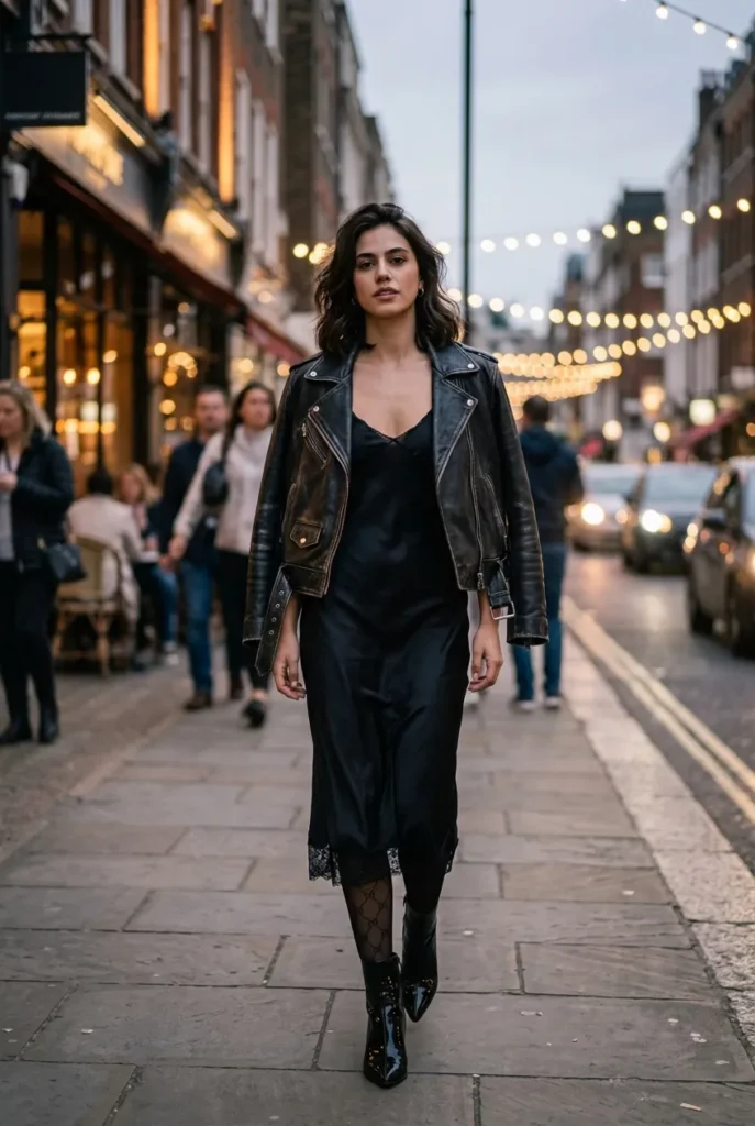 A woman walking confidently on an atmospheric city street at dusk, wearing a black silk slip dress paired with a tough black leather motorcycle jacket.