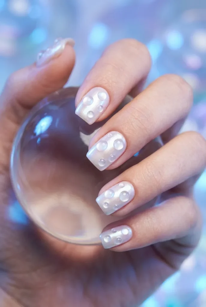 A hand holding a clear glass bubble orb, showcasing an iridescent pearl manicure with several clear, 3D 'bubble' droplets of gel cured on top.