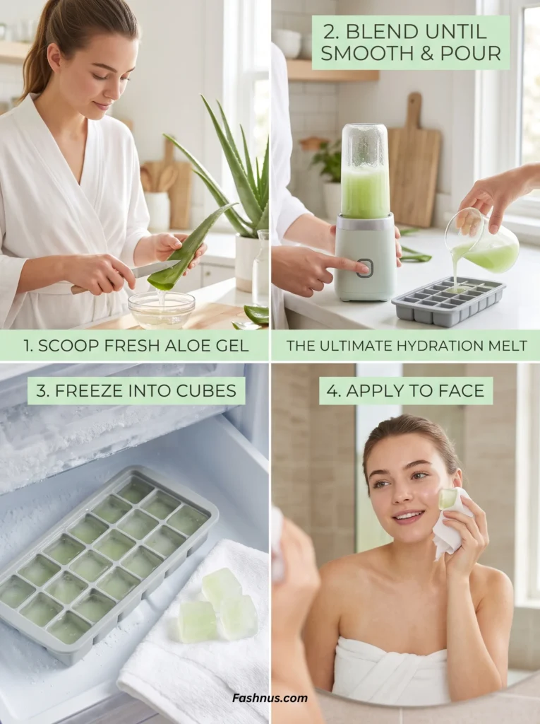 Four-step infographic showing how to make and use fresh aloe vera hydration cubes for the face.