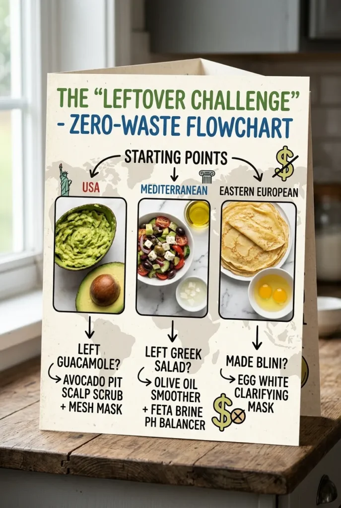 CHALLENGE' - ZERO-WASTE FLOWCHART." Three main columns display close-up photos of common leftover foods as STARTING POINTS: Column 1 (USA): Leftover guacamole and avocado pit, leading to "AVOCADO PIT SCALP SCRUB + MASK." Column 2 (Mediterranean): Leftover Greek salad (olive oil and feta brine), leading to "OLIVE OIL SMOOTHER + FETA BRINE PH BALANCER." Column 3 (Eastern European): Leftover blini and egg whites, leading to "EGG WHITE CLARIFYING MASK." The overall feel is inviting and tactile.