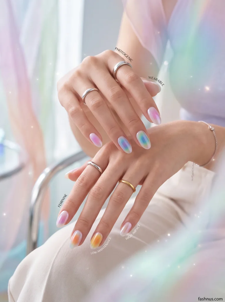 Both hands of a young woman crossed elegantly showing rainbow multi-aura nail art with soft blended pink blue green and orange gradient spots on a milky white base, worn with silver and gold stacked rings, labelled with keywords photogenic wearable feminine low-maintenance and high-impact - aura nail trend summary from fashnus.com.