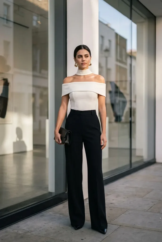 : An elegant woman poses outside an art gallery, wearing an ivory off-the-shoulder bodysuit and high-waisted wide-leg black trousers with statement gold earrings.