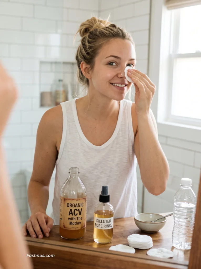 A woman applying a diluted organic apple cider vinegar (ACV) pore rinse to her face using a cotton pad.