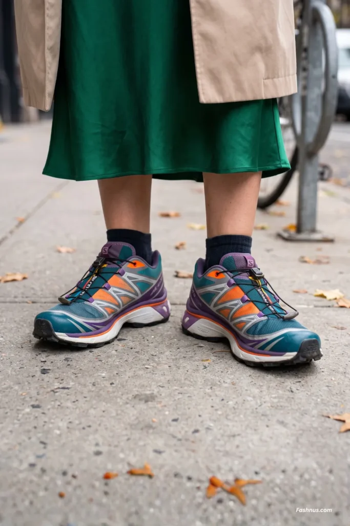 Close-up of a young woman wearing teal, orange, and purple technical trail running sneakers with a toggle lacing system on a concrete sidewalk.
