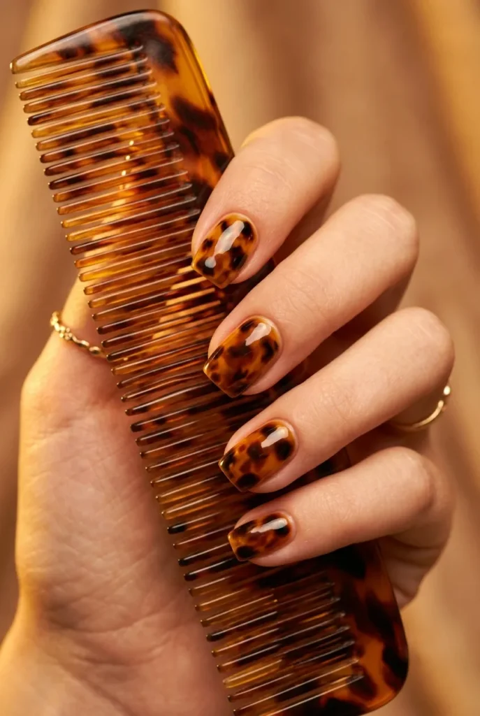 A vertical view of nails featuring a deep, multi-layered tortoiseshell pattern manicure, holding a vintage tortoiseshell patterned comb.