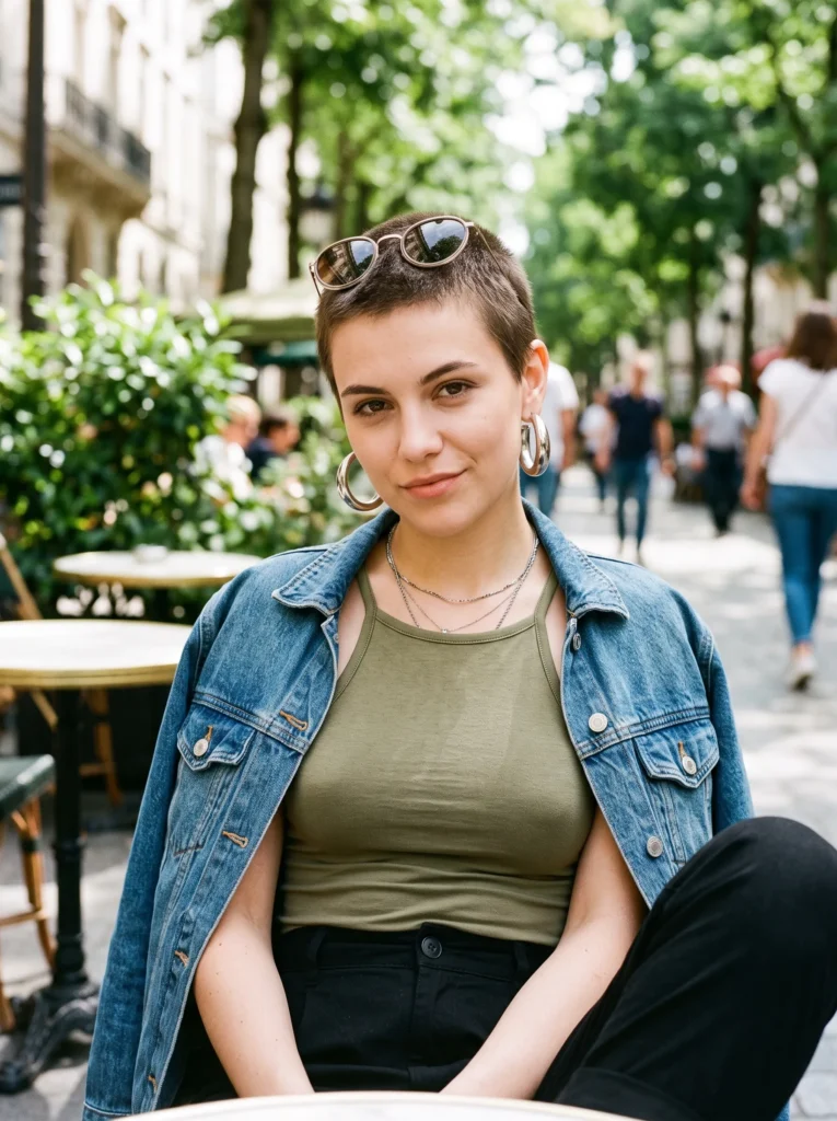 A confident young woman with a very short cropped boy look hairstyle wearing large silver hoop earrings, sunglasses on head, olive tank top and denim jacket, seated at a sunny Parisian outdoor café, very short boy look cute mischievous hairstyle for girls from fashnus.com.