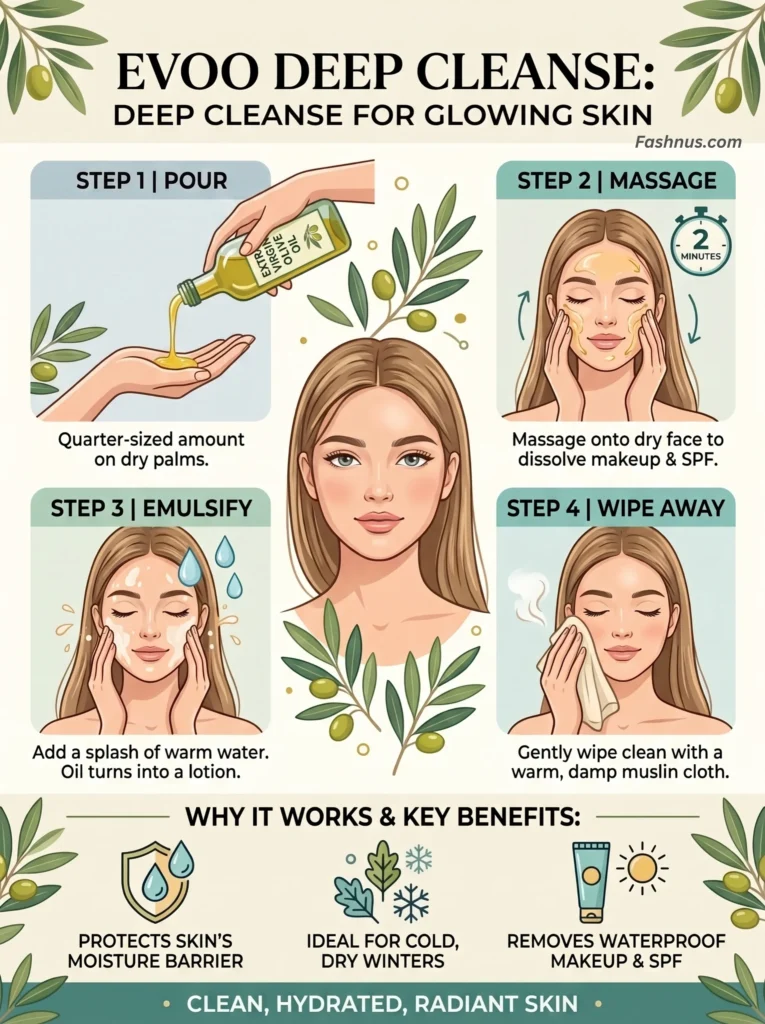 Four-step infographic explaining a deep cleansing method using extra virgin olive oil (EVOO).