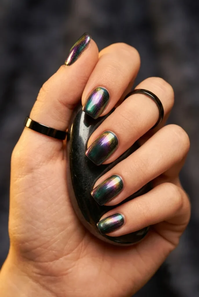 A hand with multi-chrome nails that shift through deep green, purple, blue, and gold colors, holding a smooth black hematite stone.