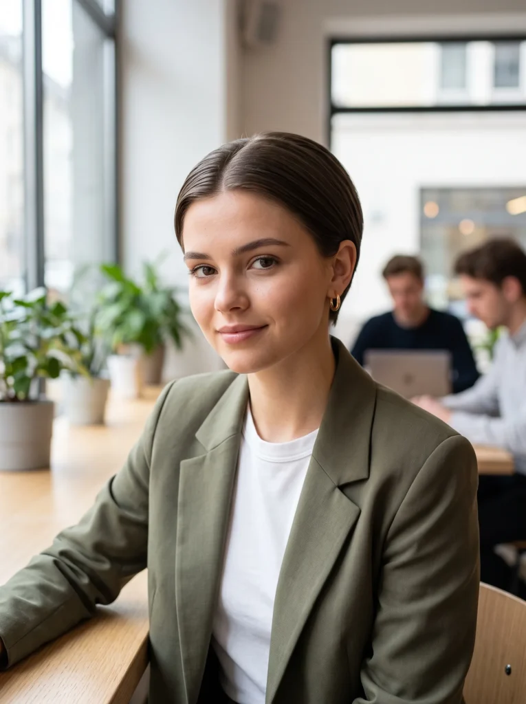 A young woman with a sleek two-side combed short boy cut with dark brown hair neatly parted and smoothed to both sides, wearing a sage green blazer and white top with a small gold hoop earring, seated in a modern bright workspace - two side combed boy cut neat elegant short hairstyle from fashnus.com.