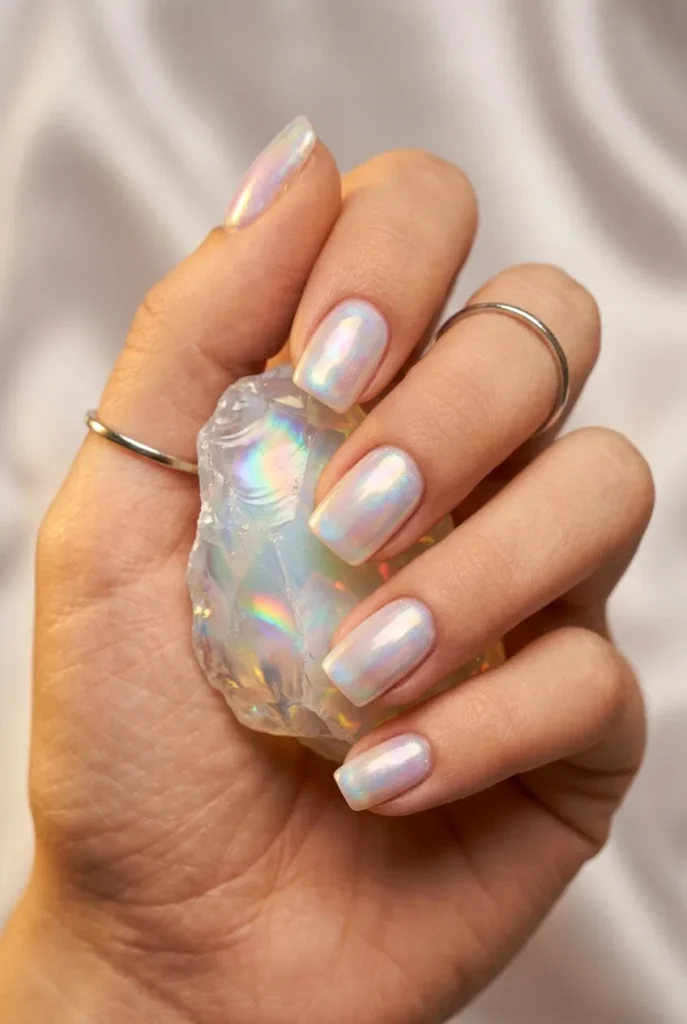 A hand holding a raw opal crystal, displaying soft, glowing, iridescent 'Aurora' nails that shift with pastel rainbow colors.