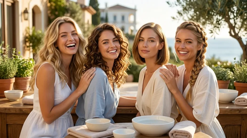 A high-resolution 16:9 artistic photograph capturing four joyful young Western women with diverse, beautiful hair textures—from voluminous blonde waves to sleek brown bobs and soft curls. They are smiling confidently in a sun-drenched, upscale garden terrace spa setting (matching the rustic wood seen in image_10.png). Their hair looks incredibly soft, healthy, and luminous under golden hour sunlight, confirming the success of natural treatments (the results echo the smoothness seen in image_3.png and image_10.png). They are gathered closely, fanned like a collection of healthy outcomes. There are absolutely no words, letters, or logos on the image. The focus is entirely on the glowing women and their revived hair, celebrating natural beauty.