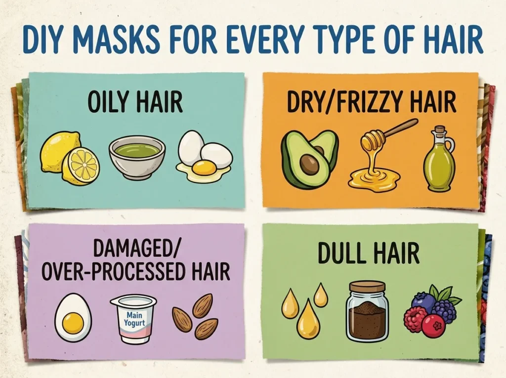 A vibrant 4:3 aspect ratio website thumbnail featuring a large, dark blue title 'DIY MASKS FOR EVERY TYPE OF HAIR' in a stylized font at the top. Below the title, four clean, distinct square illustrative panels with rounded corners are arranged in a horizontal and vertical grid, referencing ingredients seen in previous images. The first panel (top left, light teal background) shows stylized lemon halves, a small bowl of green tea, and egg whites. The second panel (top right, warm orange background) shows avocado halves, a honey dipper, and an olive oil bottle. The third panel (bottom left, light purple background) shows an egg, a small yogurt cup, and almond icons. The fourth panel (bottom right, soft green background) shows argan oil drops, a coffee jar, and berry illustrations. The textured paper background is similar to that in the original article flowcharts. The panels fanned out slightly, suggesting a 'collection.'