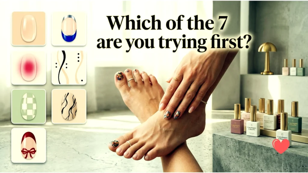 A wide 16:9 composite end-image for a nail guide article, set in a luxurious minimalist space. Centrally, an elegant hand and foot display a combined nail design set. To the left, seven stylized art tiles show individual designs (sheer, chrome, aura, ribbons, checkered, marble, bow). Curated polish bottles and a gold lamp are on a shelf. Above the central cluster, the prominent text reads 'Which of the 7 are you trying first?'.