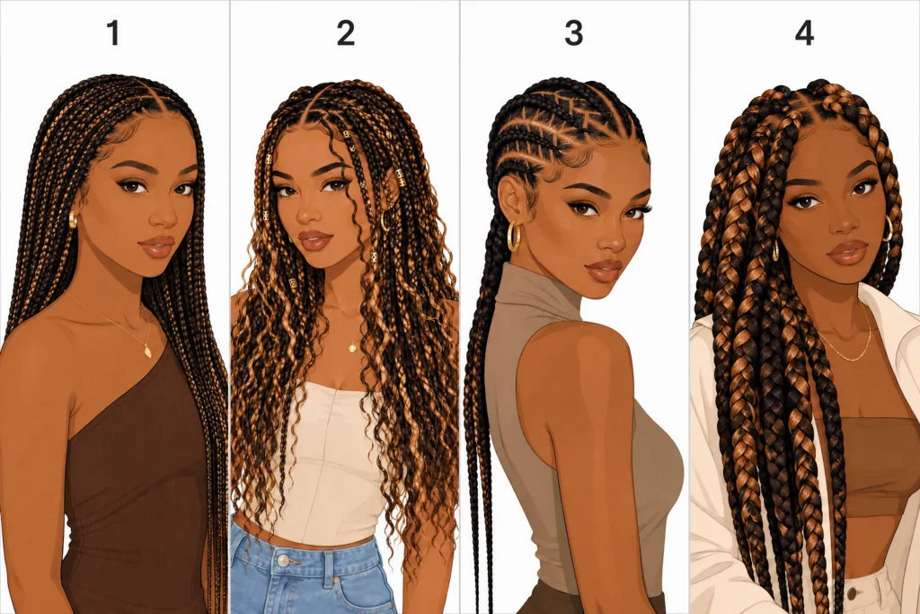Four-panel illustration showcasing knotless, boho, stitch, and jumbo braid styles.