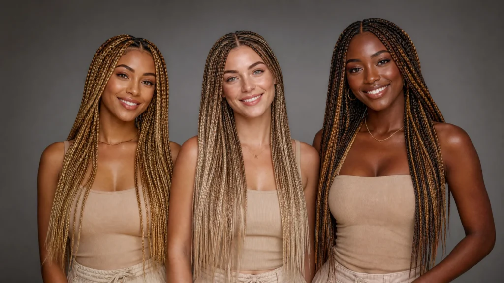Three women modeling brown and blonde braids matched to different skin tones.