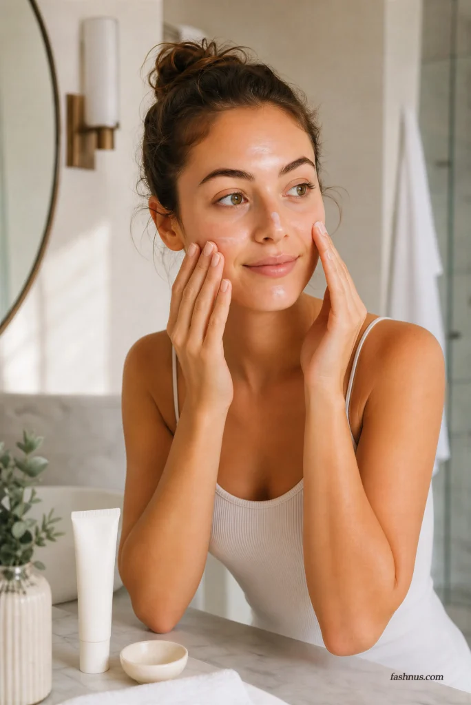 Woman applying primer to the center of her face.