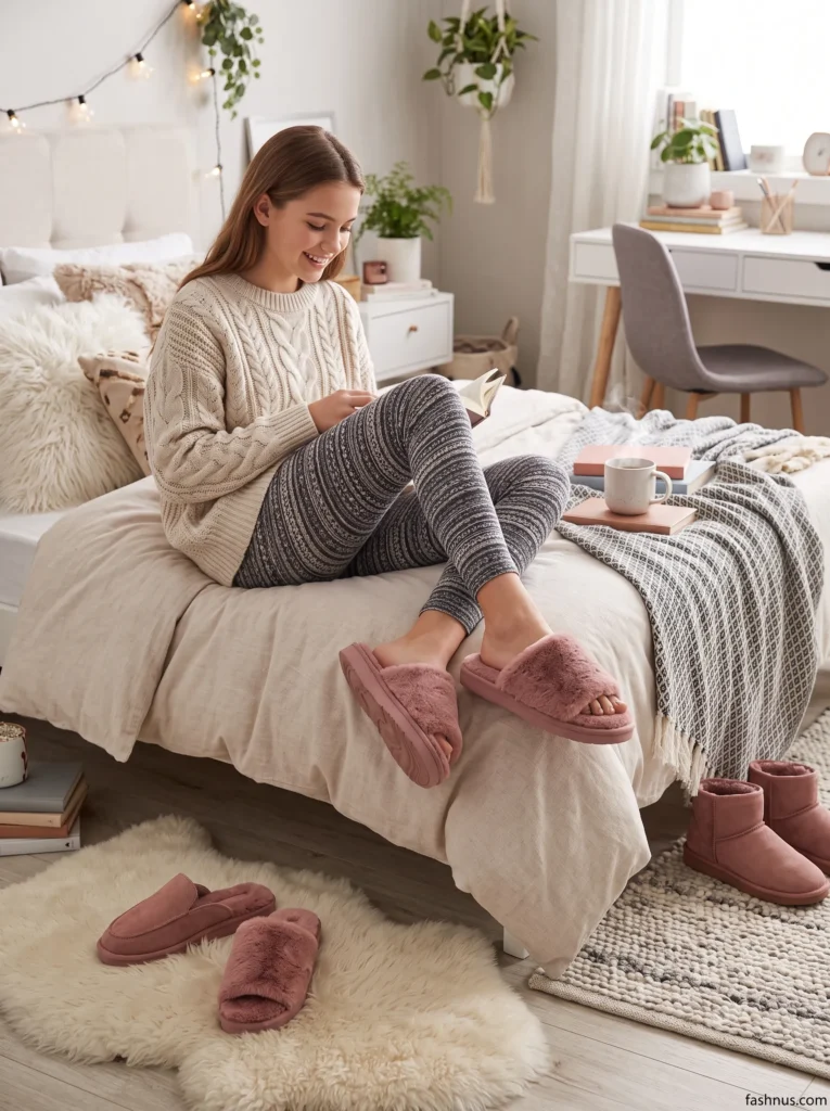 Girl sitting on bed wearing mauve memory foam slide slippers while reading a book.