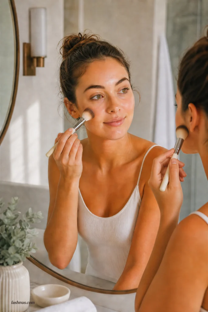 Woman blending blush beside her matching mirror reflection.