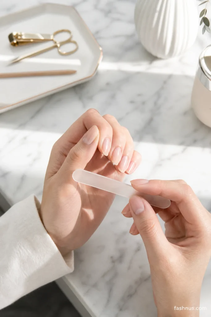 Shaping natural nails with a professional frosted glass nail file.