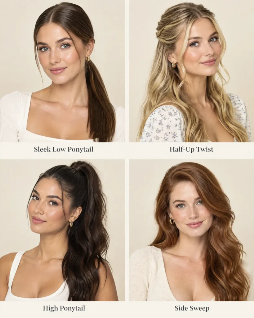 Four long-hair styles on young Western women: sleek low ponytail, half-up twist, high ponytail, and side sweep.